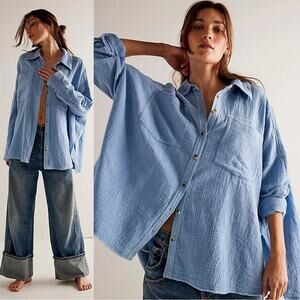Free People We The Free Cardiff Top in Blue Bell Oversized Large Gauze Cotton